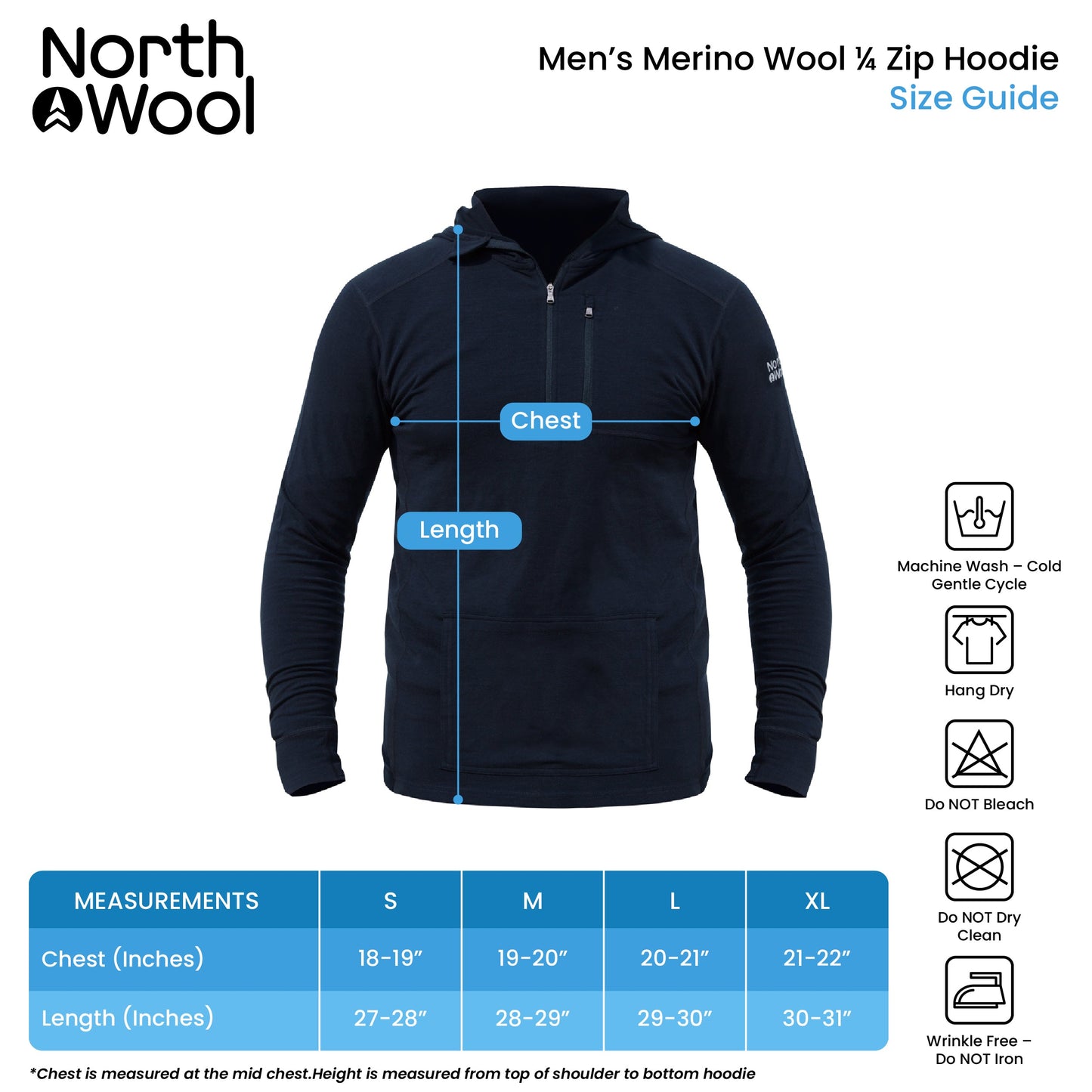 NorthWool Men’s Merino Wool 1/4 Zip Hoodie Midlayer – 260 GSM with Pouch Pocket