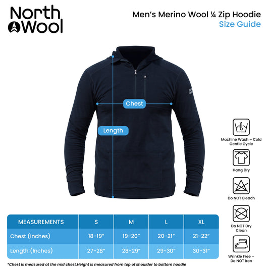 NorthWool Men’s Merino Wool 1/4 Zip Hoodie Midlayer – 260 GSM with Pouch Pocket