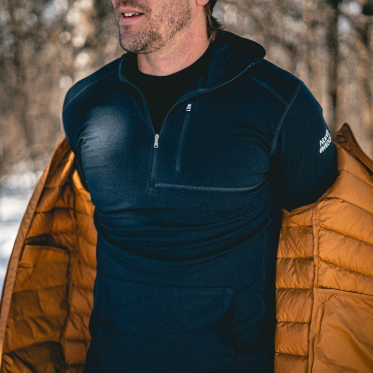 NorthWool Men’s Merino Wool 1/4 Zip Hoodie Midlayer – 260 GSM with Pouch Pocket