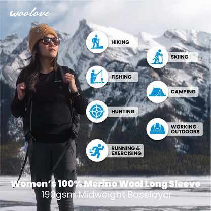 Women’s Merino Wool Long Sleeve Base Layer Crew – 190 GSM Performance Top