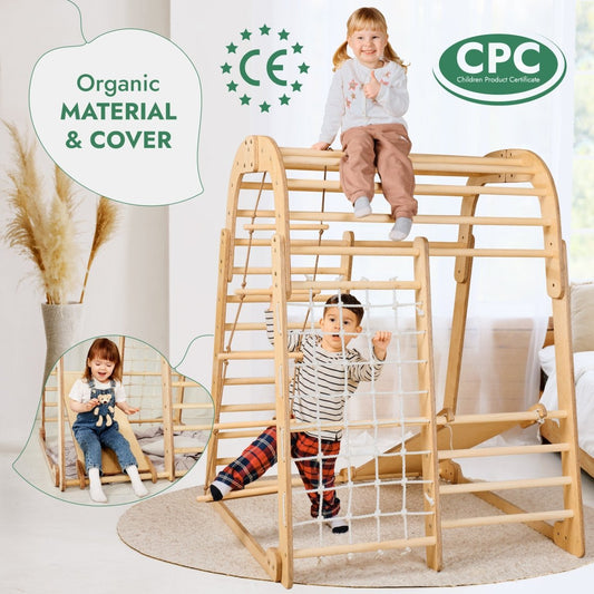 Indoor Wooden Playground 6-in-1 Climbing Set with Swings & Slide – Montessori-Inspired Play Gym