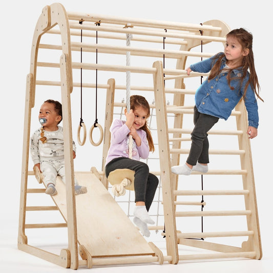 Indoor Wooden Playground 6-in-1 Climbing Set with Swings & Slide – Montessori-Inspired Play Gym
