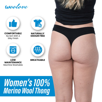 Women’s Odour-Free Merino Wool Thong Underwear – Lightweight Breathable Base Layer