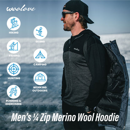 Men’s Merino Wool 1/4 Zip Hoodie Pullover – Performance Base Layer