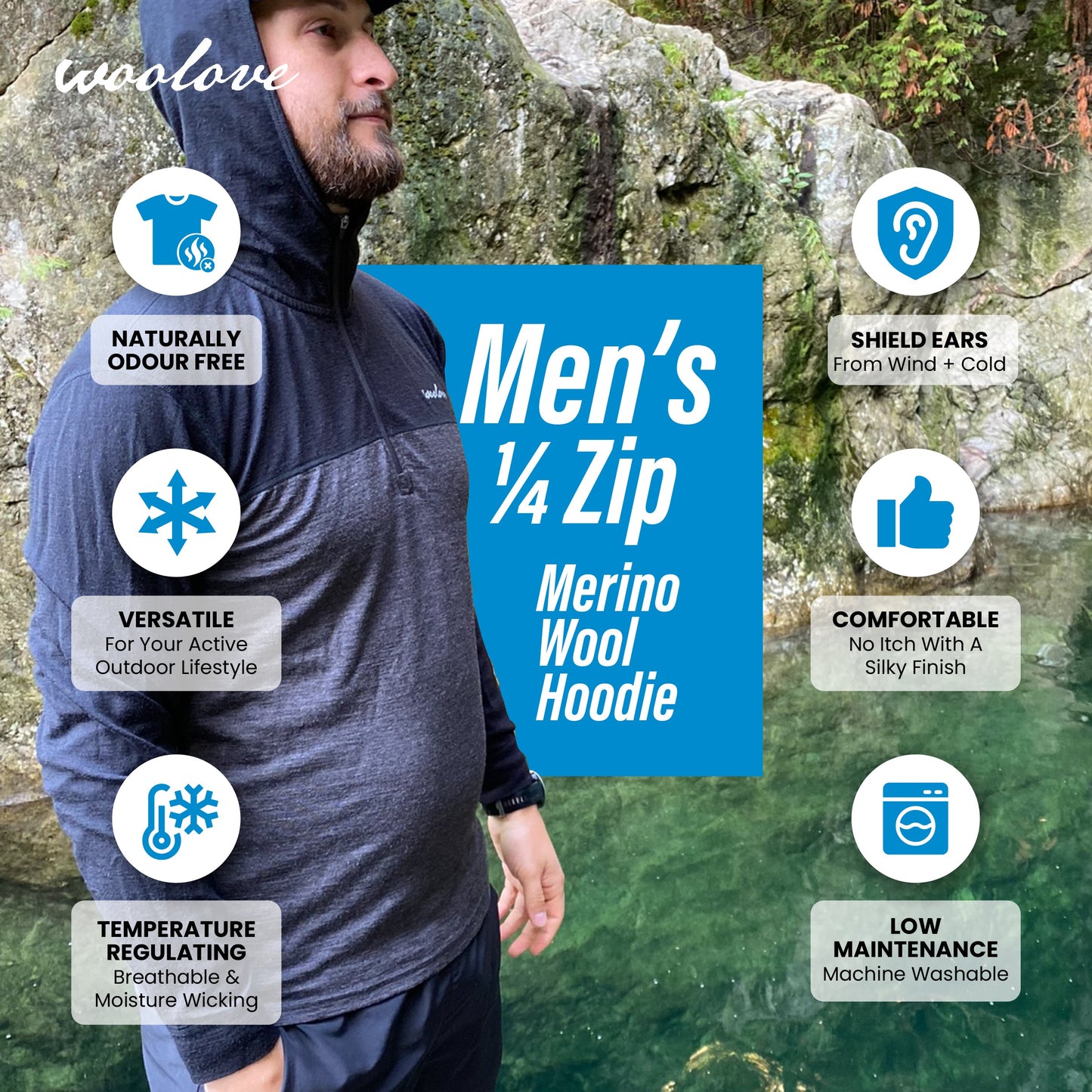 Men’s Merino Wool 1/4 Zip Hoodie Pullover – Performance Base Layer