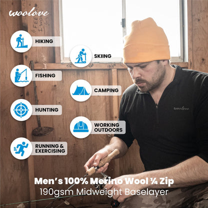 Men’s Merino Wool 1/4 Zip Baselayer Pullover – 190 GSM Midweight