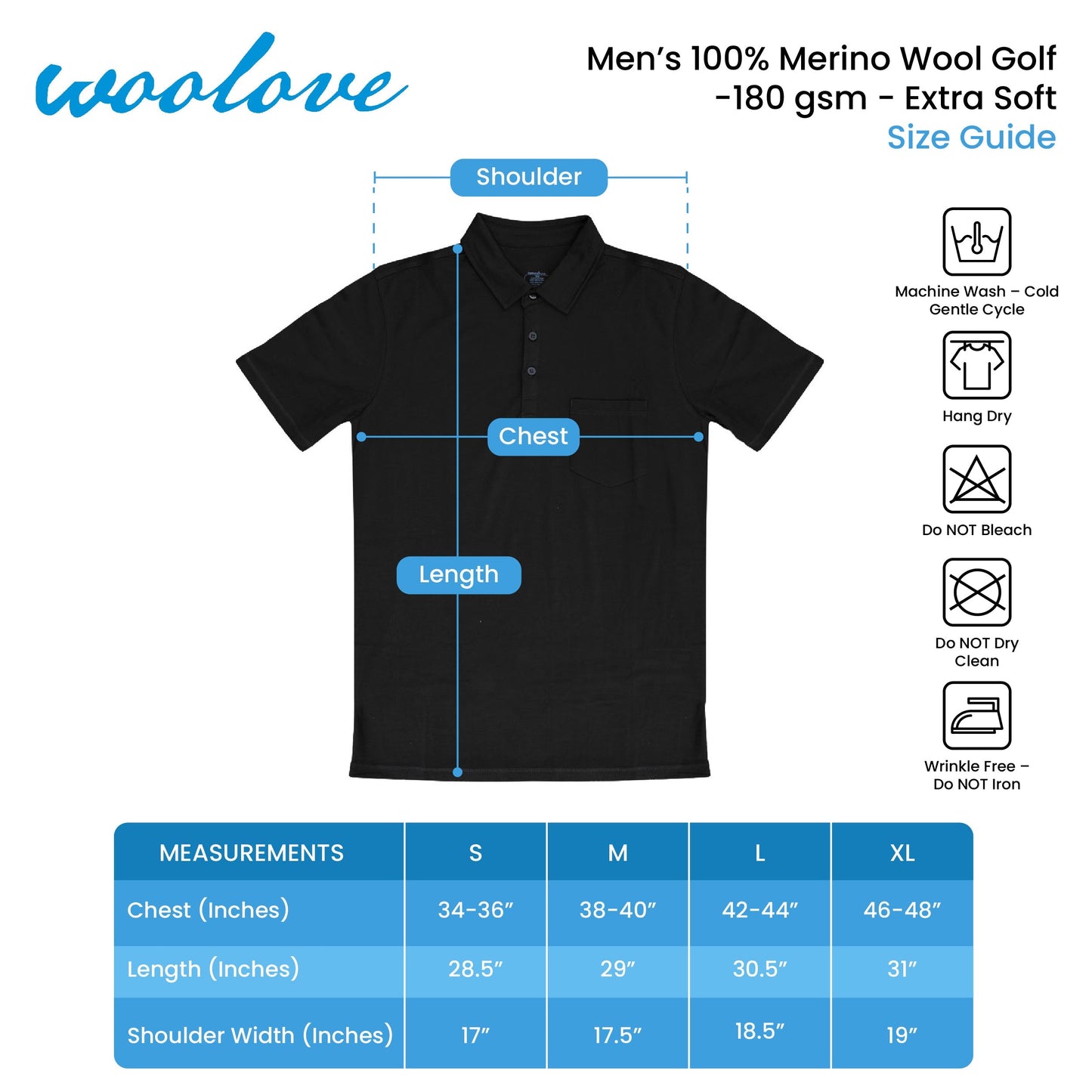 Men’s 175 GSM Merino Wool Golf Shirt with Pocket – Lightweight Polo