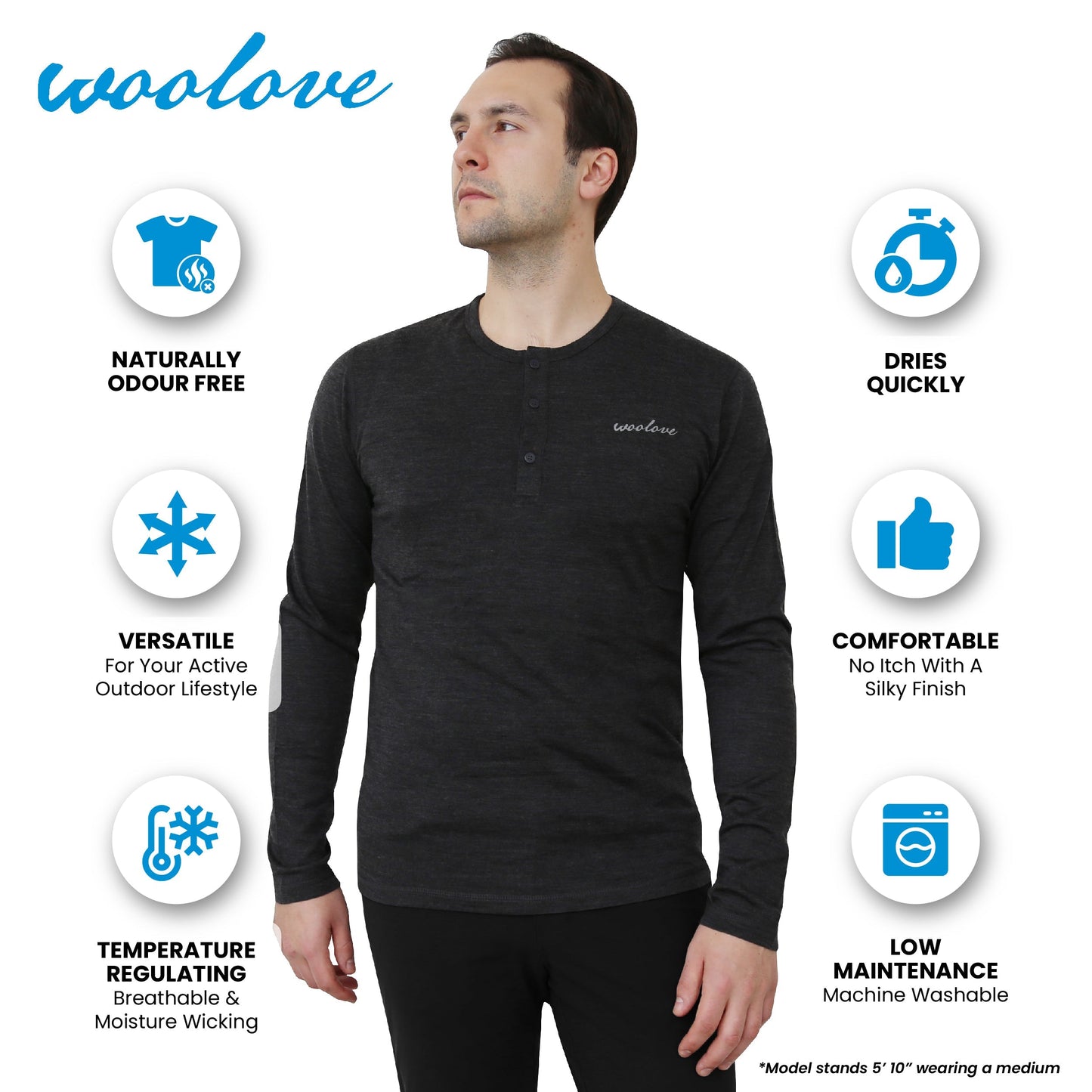 Men’s Merino Wool Long Sleeve Henley – 190 GSM Midweight