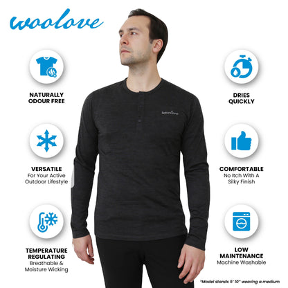 Men’s Merino Wool Long Sleeve Henley – 190 GSM Midweight