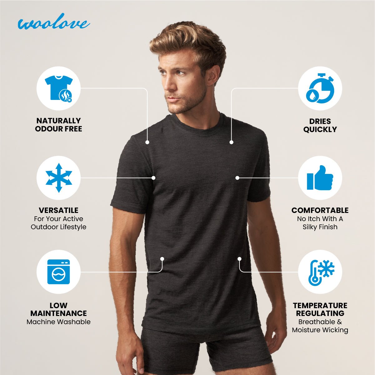 Men’s Merino Wool Short Sleeve T-Shirt – 180 GSM Lightweight Top