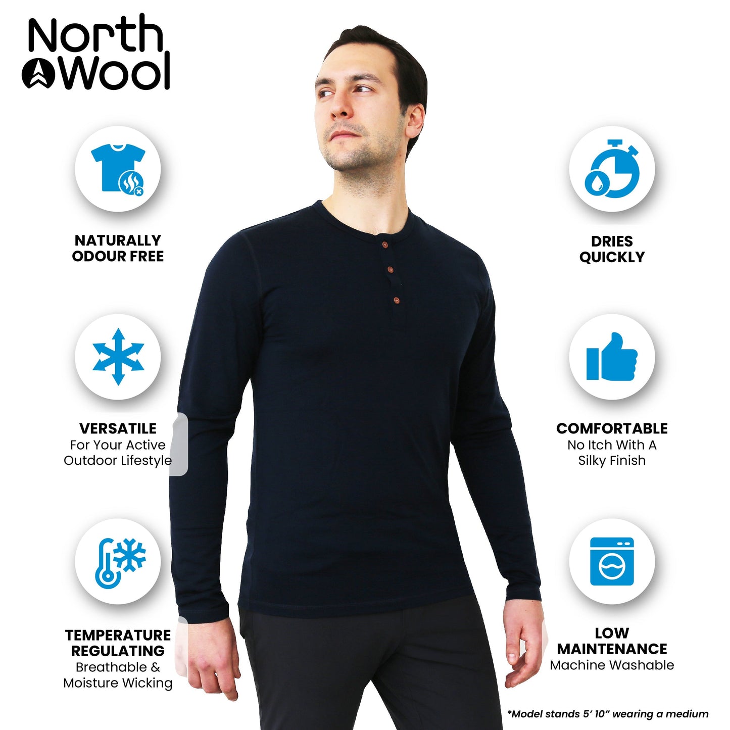 NorthWool Men’s Merino Wool Henley Base Layer Shirt – 260 GSM Thermal