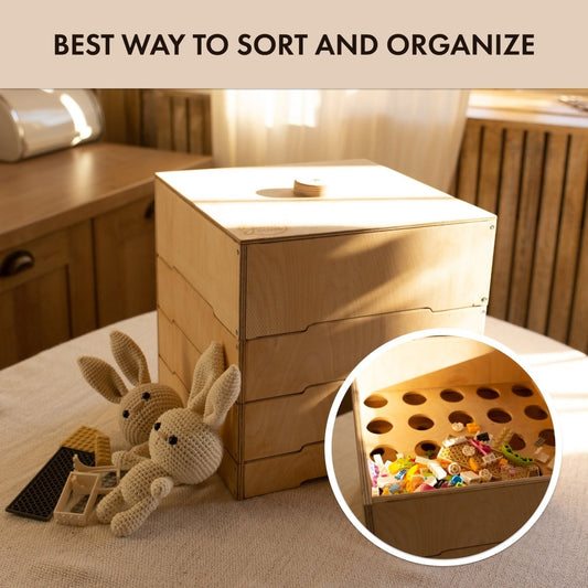 Wooden Construction Parts Sorter – 4-Compartment Storage Box for Kids
