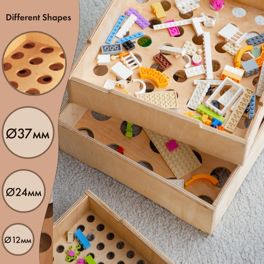Wooden Construction Parts Sorter – 4-Compartment Storage Box for Kids